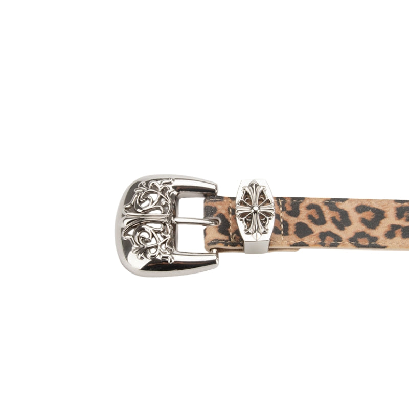 Ceinture Ophéline en cuir imprimé léopard avec boucle argentée ouvragée style western