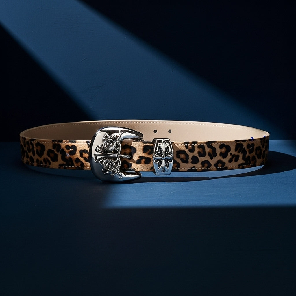 Ceinture Ophéline femme avec un imprimé léopard et une boucle argentée ornée de motifs floraux et croix, sur fond bleu avec jeux d'ombre #fullwidth