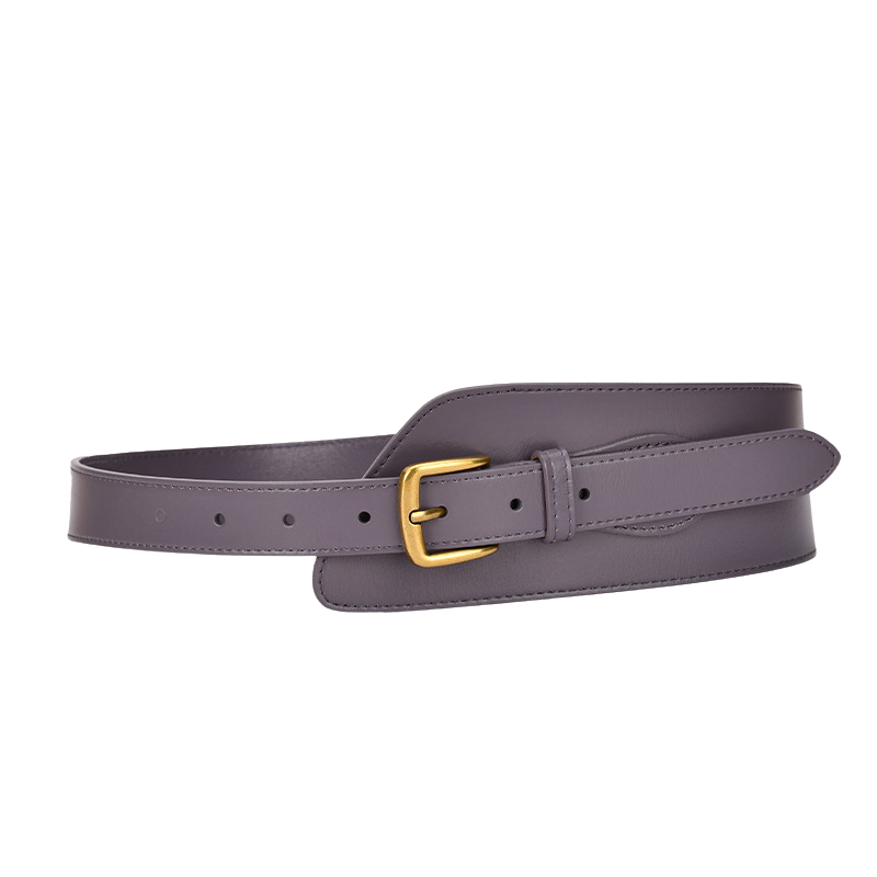 Ceinture large Opulence en cuir violet avec boucle carrée dorée et ardillon, style corset structurant.