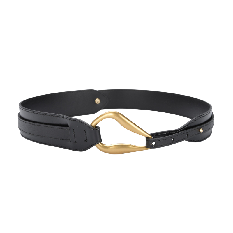 Ceinture noire Orchidée en cuir verni avec boucle dorée originale, style moderne et chic.