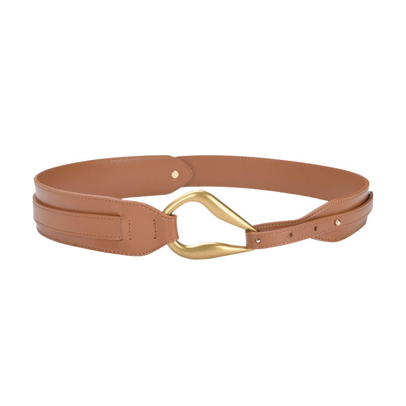 Ceinture Orchidée marron en cuir verni avec une boucle dorée originale et incurvée, 4,2 cm de large.