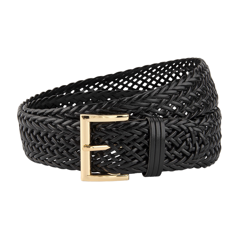 Ceinture femme Oriane en simili cuir noir tressé avec boucle ardillon rectangulaire dorée, style artisanal et épuré.
