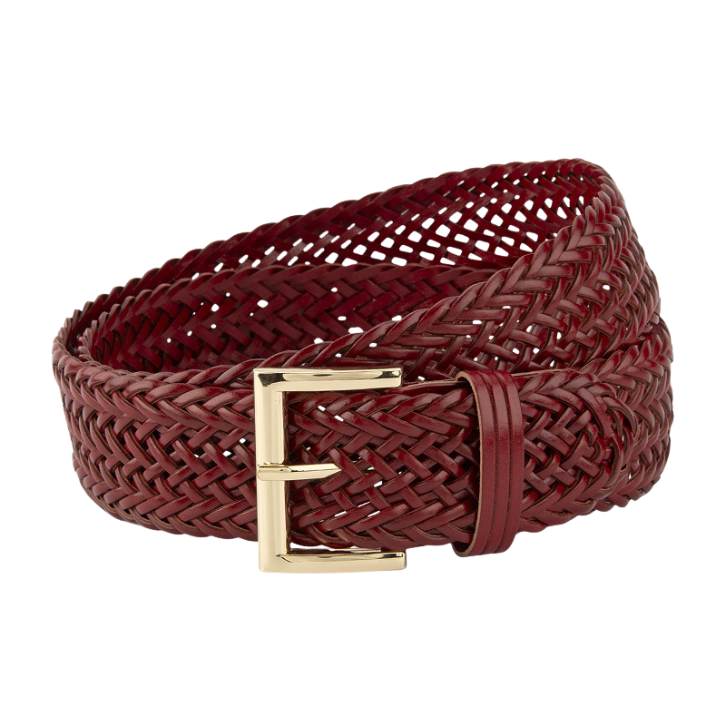 Ceinture femme Oriane large en simili cuir recyclé rouge, tressage artisanal ajouré, boucle ardillon rectangulaire dorée. #fullwidth