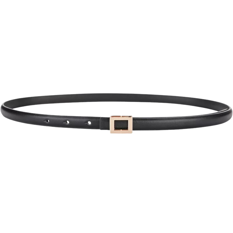 Ceinture fine en cuir nubuck noir Ornement pour femme, avec boucle carrée dorée et fermeture crochet clou, largeur 1,8 cm