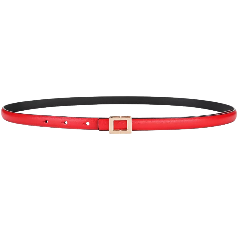 Ceinture fine rouge femme Ornement en cuir nubuck avec boucle carrée dorée minimaliste.