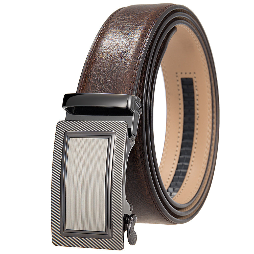 Ceinture Paname 60 pour homme en cuir marron avec boucle automatique argentée et finition striée sur le cadre.