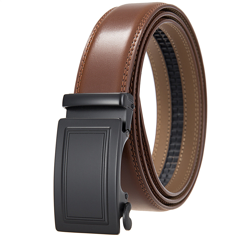 Ceinture Paname 95 pour homme en cuir marron avec boucle automatique rectangulaire noire et finitions surpiquées. #fullwidth