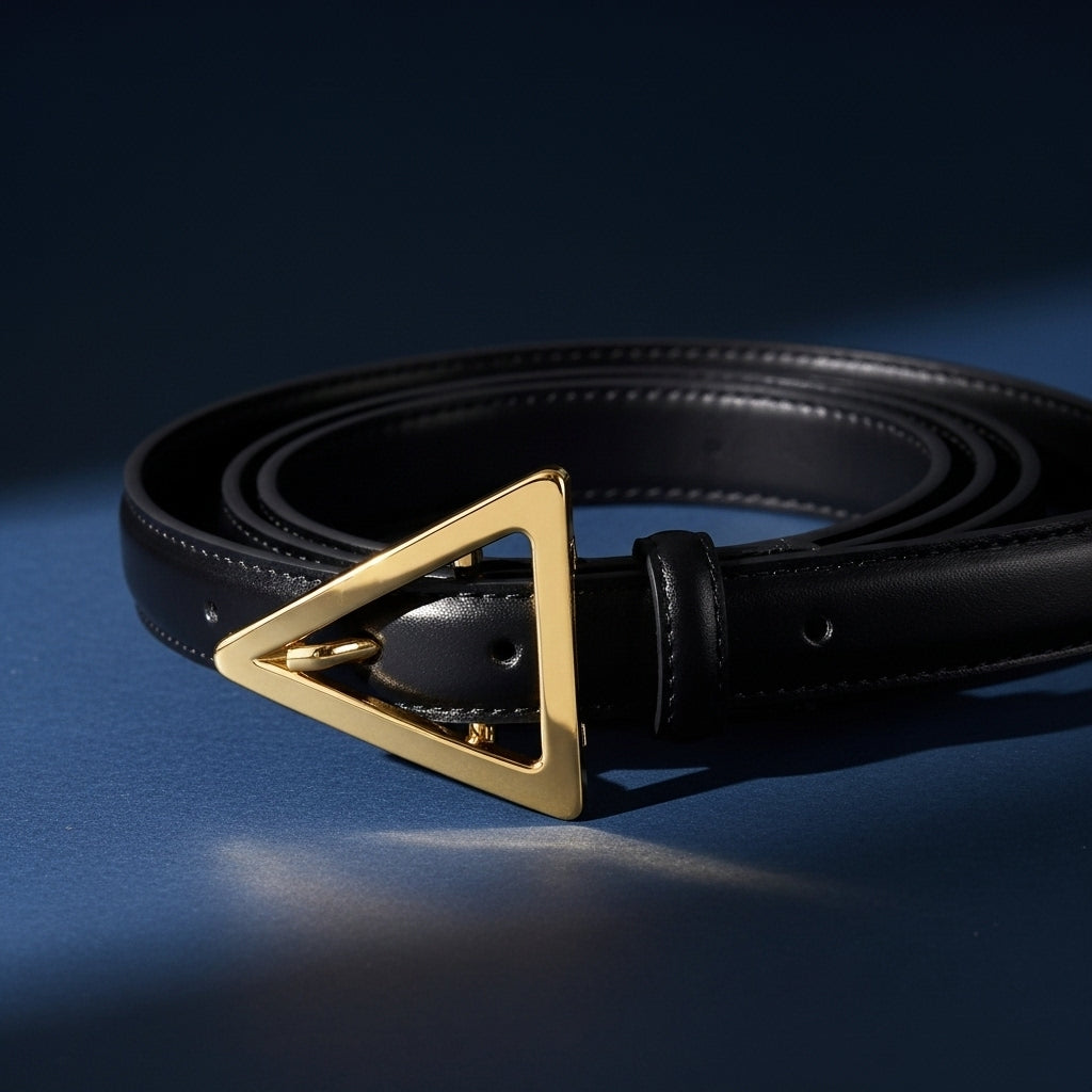 Ceinture pour femme Paola en cuir noir avec une boucle dorée originale en forme de triangle. #fullwidth