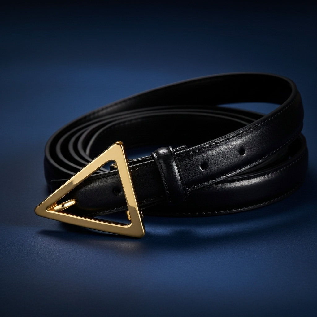 Ceinture femme Paola en cuir noir avec une boucle dorée en forme de triangle, style épuré. #fullwidth