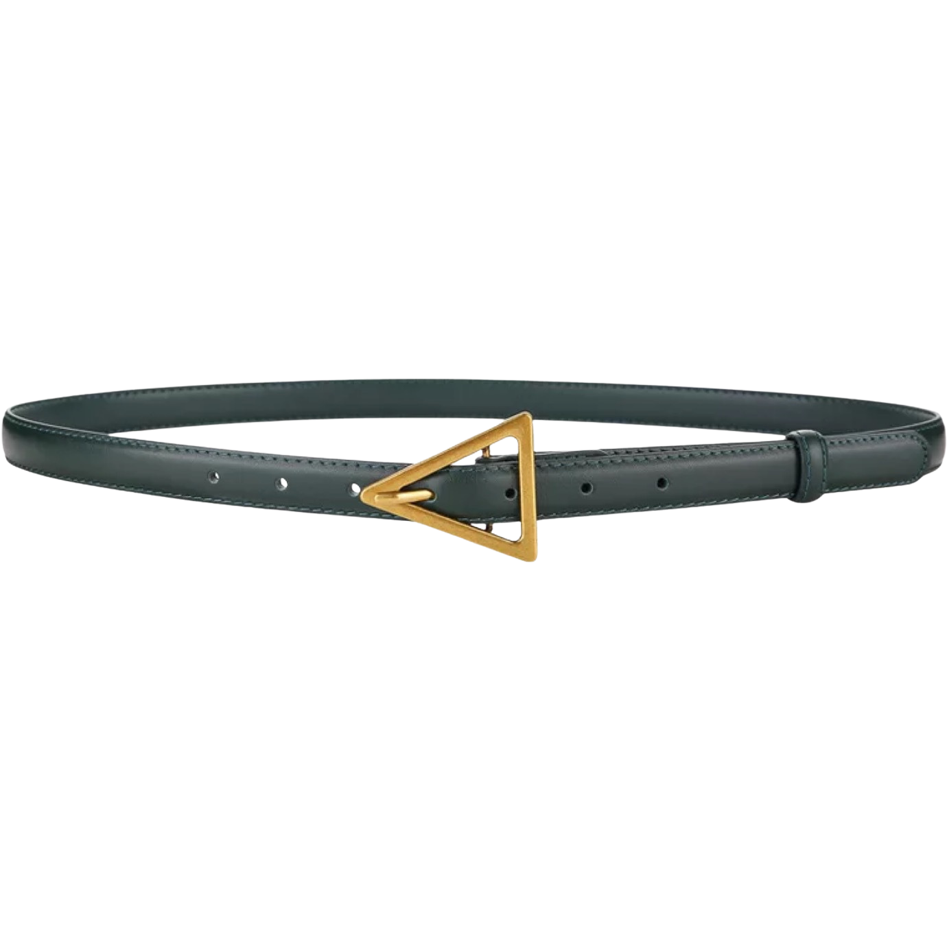 Ceinture fine Paola en cuir vert foncé avec une boucle dorée originale en forme de triangle.
