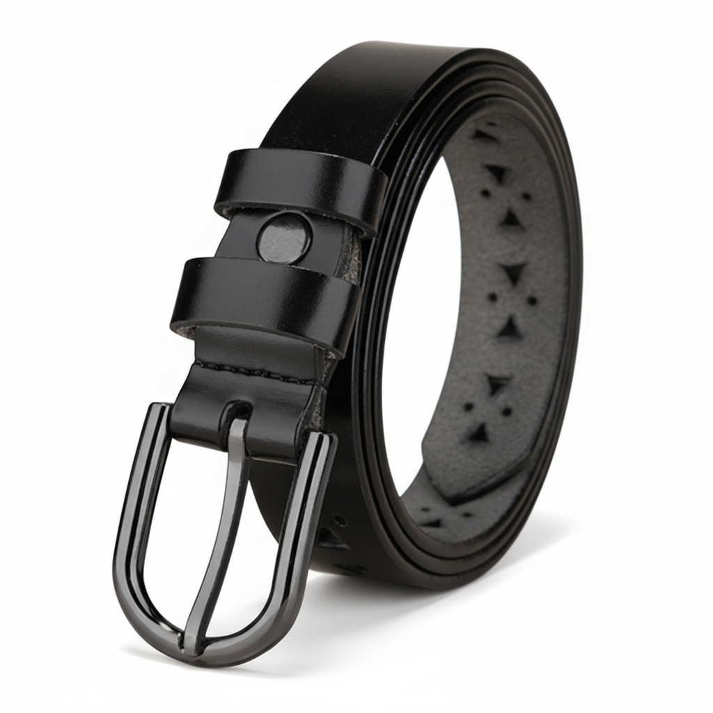 Ceinture noire Parfumée en cuir refendu de vachette avec boucle ardillon arrondie en métal noir canon brillant et motifs découpés sur la lanière.