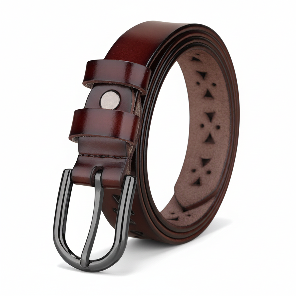 Ceinture en cuir refendu marron foncé avec boucle ardillon noire brillante et motifs découpés sur la lanière.