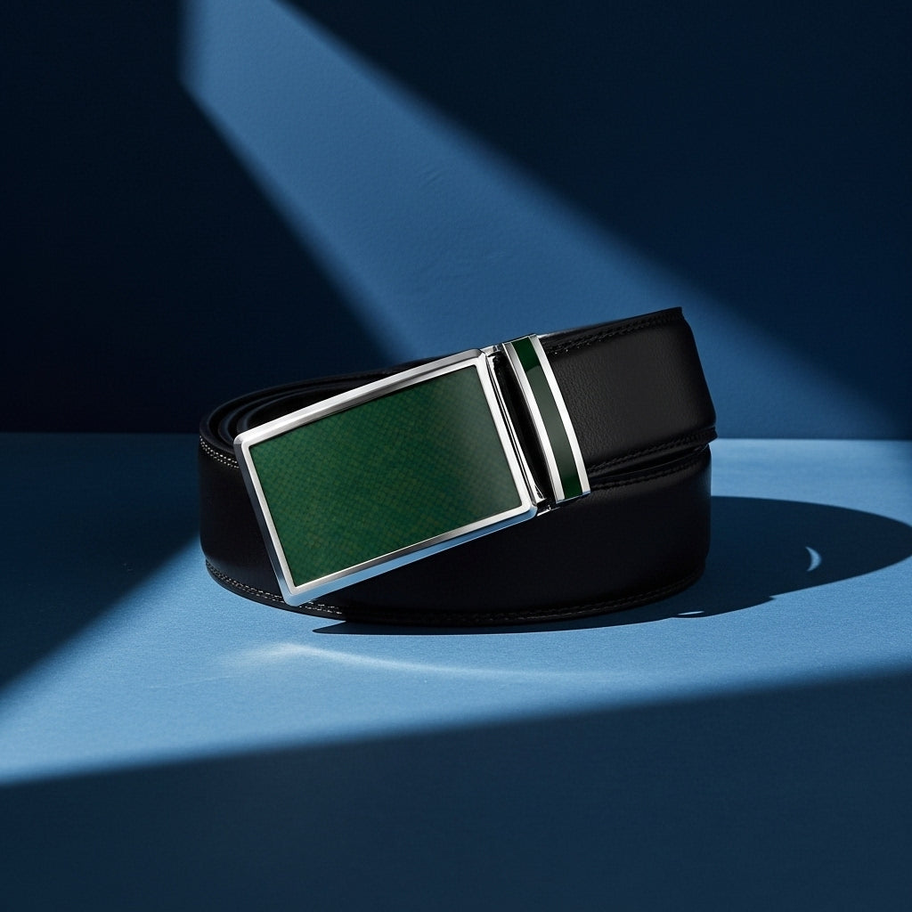 Ceinture homme Parisien 20 en cuir de vachette noir avec boucle automatique rectangulaire verte et argentée #fullwidth