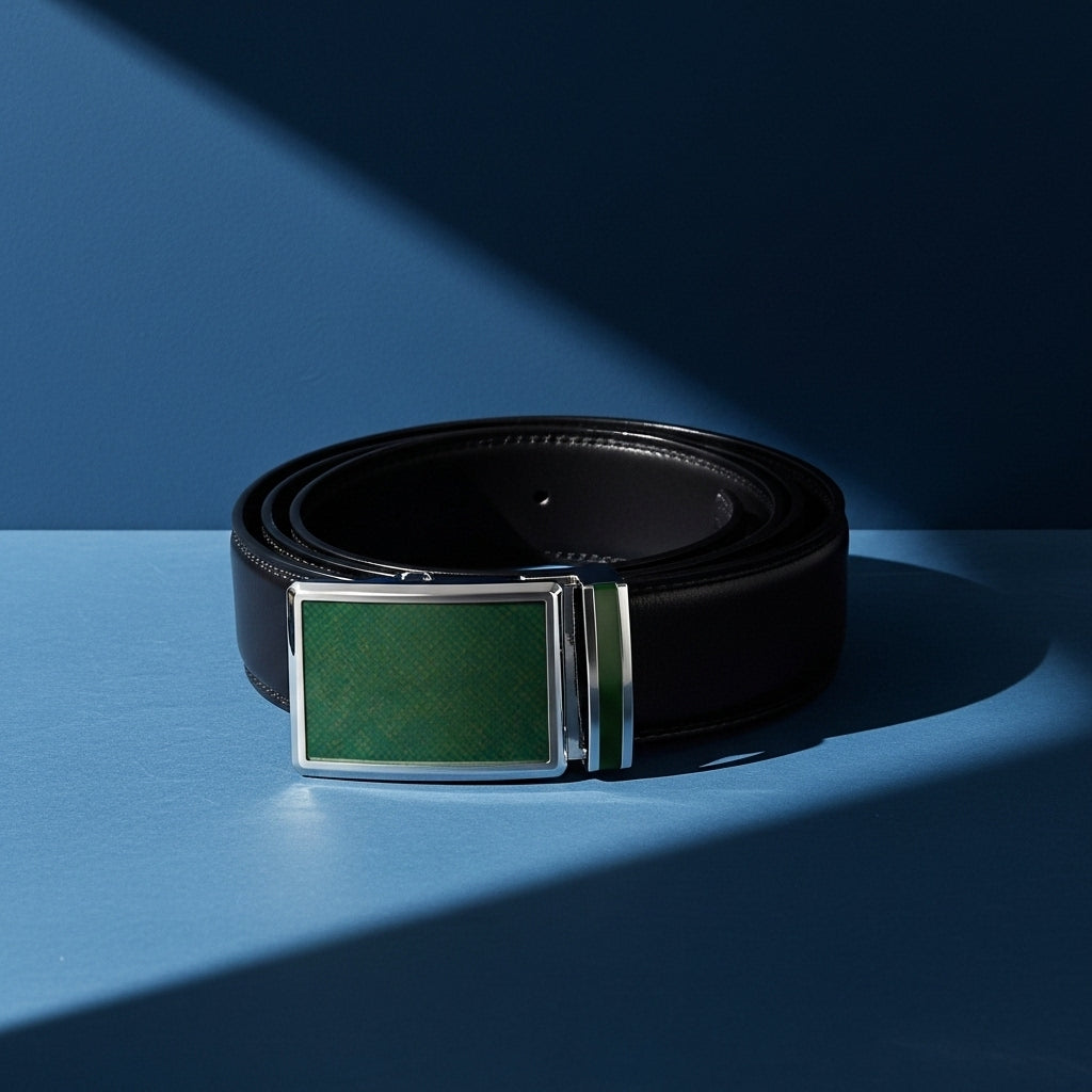 Ceinture Parisien 20 noire en cuir de vachette avec une boucle rectangulaire automatique argentée ornée d'une finition texturée verte et d'une bande verte sur le côté. #fullwidth