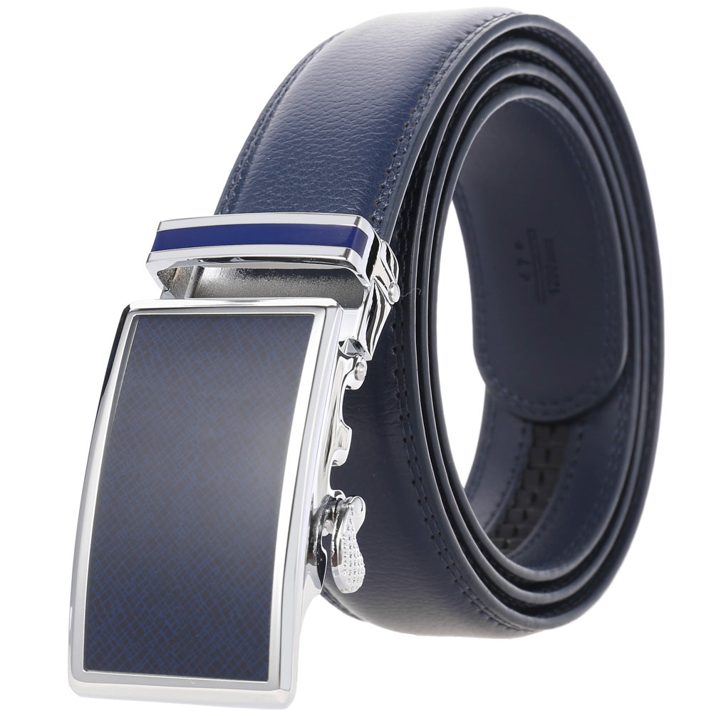 Ceinture homme Parisien 20 en cuir bleu marine avec boucle automatique argentée et détail bleu