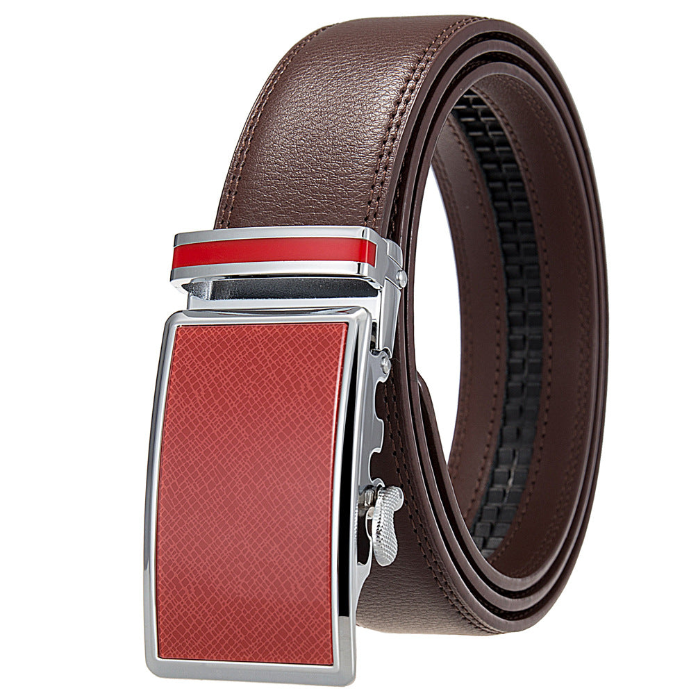 Ceinture homme Parisien 20 en cuir marron avec boucle automatique argentée et insert rouge texturé