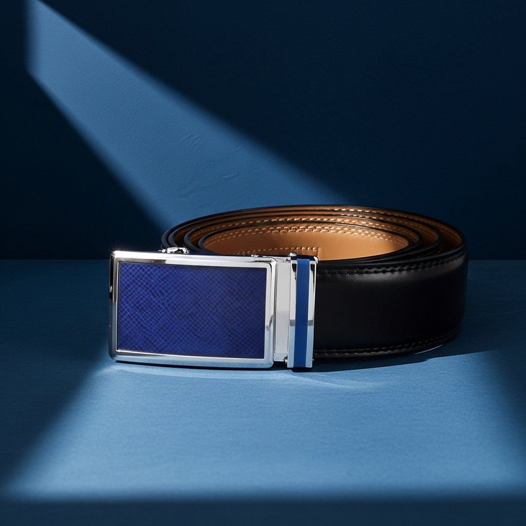 Ceinture Parisien 95 pour homme en cuir de vachette noir avec une boucle automatique rectangulaire argentée ornée d'un insert bleu texturé et d'une bande bleue contrastante #fullwidth