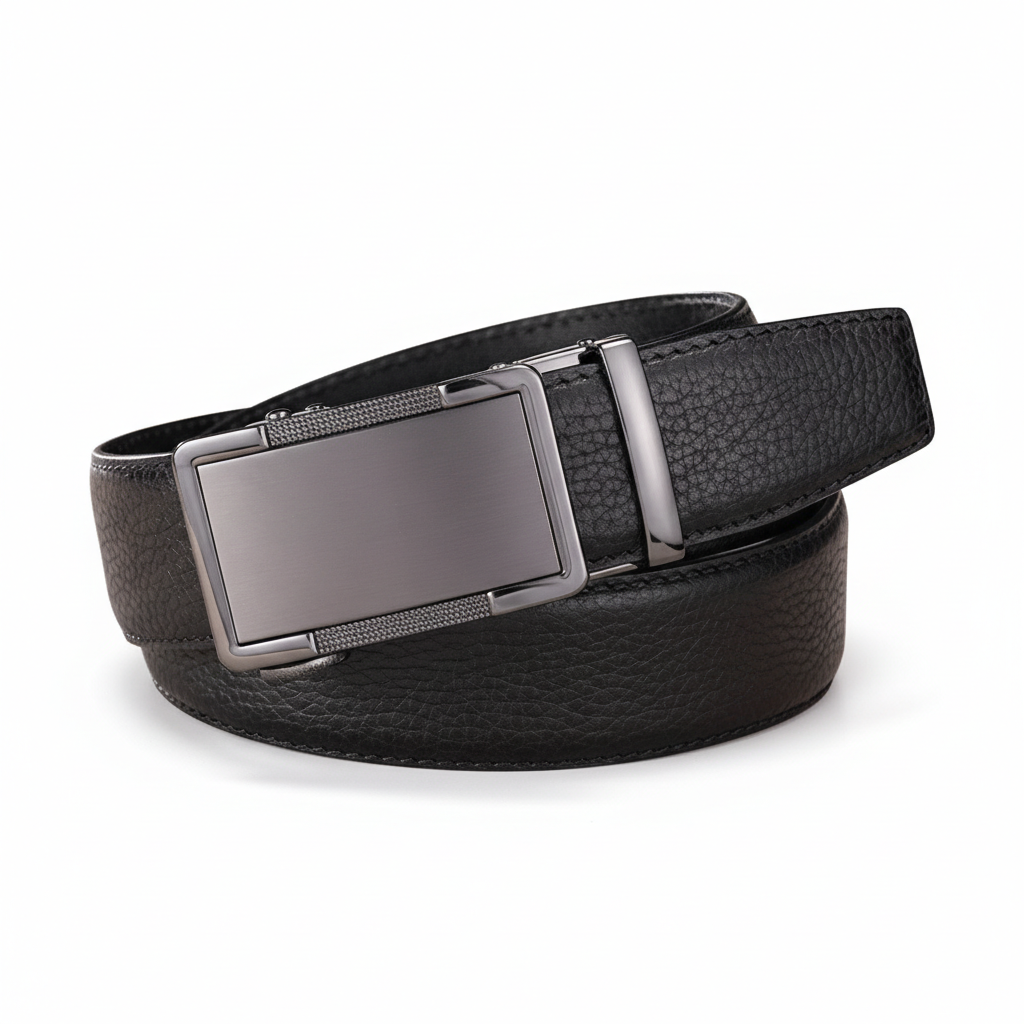 Ceinture homme Pascal Lux 20 en cuir noir avec boucle rectangulaire automatique en alliage bronze foncé.