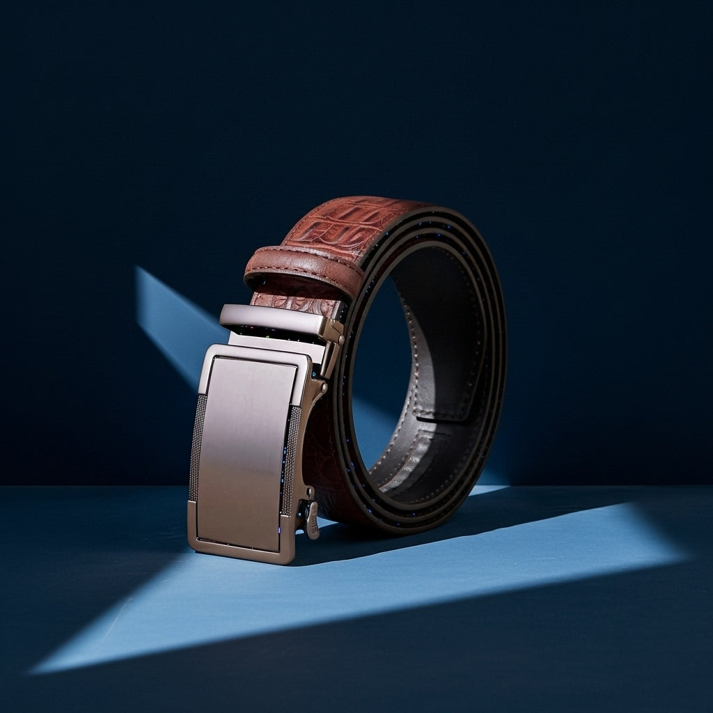 Ceinture Pascal Lux 60 pour homme en cuir de vachette marron avec finition crocodile et boucle automatique rectangulaire en alliage bronze foncé. #fullwidth