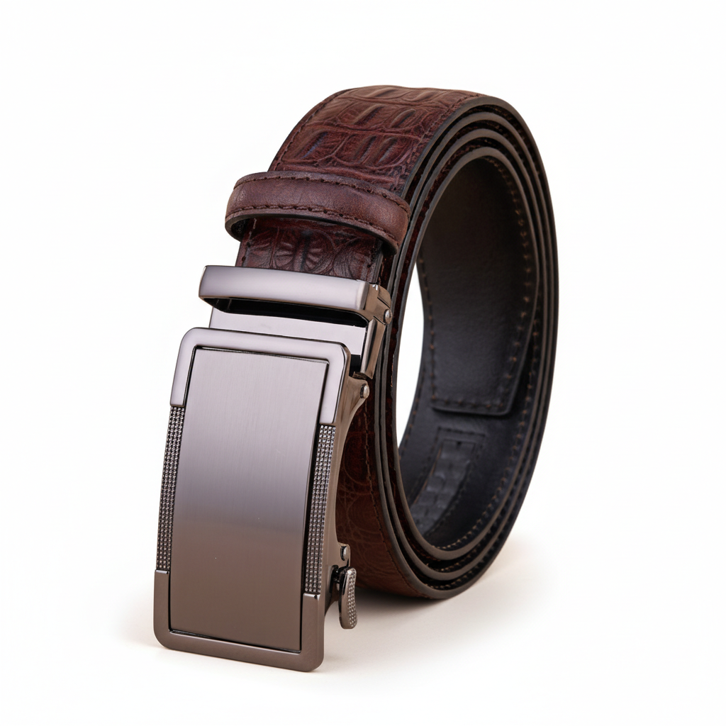 Ceinture homme Pascal Lux 60 en cuir marron avec boucle automatique bronze foncé et finition crocodile