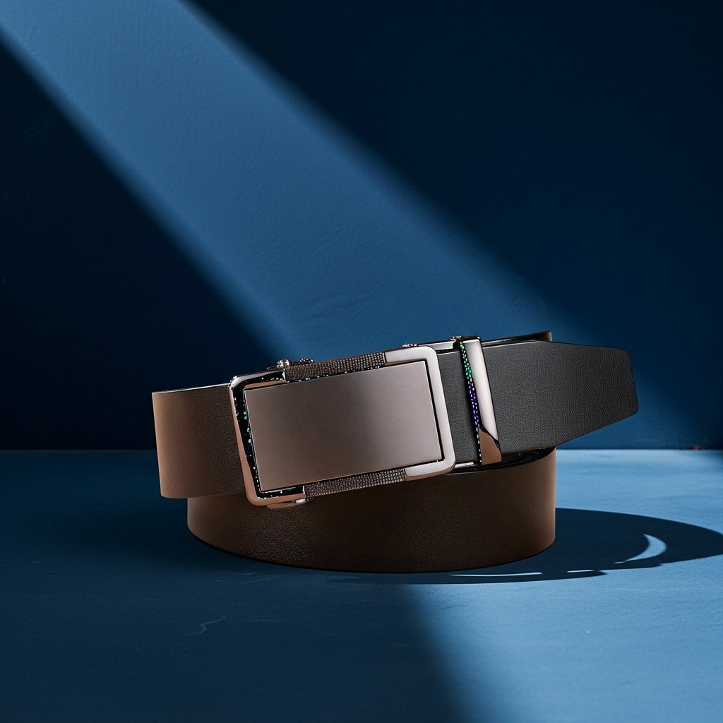 Ceinture Pascal Lux 95 en cuir de vachette pleine fleur avec boucle automatique rectangulaire couleur bronze foncé. Finition lisse ou texturée. #fullwidth