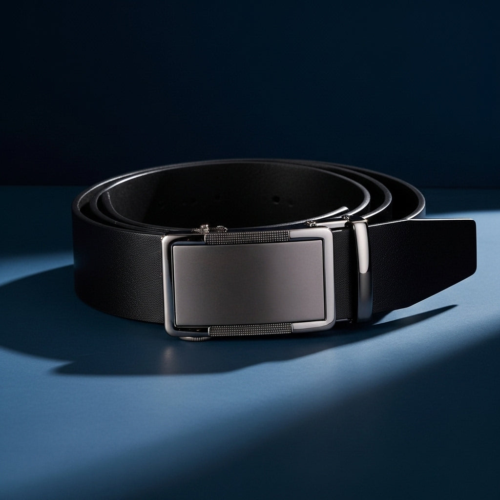Ceinture Pascal Lux 95 pour homme en cuir de vachette pleine fleur avec boucle rectangulaire automatique en alliage bronze foncé, disponible en finition lisse ou crocodile et grainée. #fullwidth