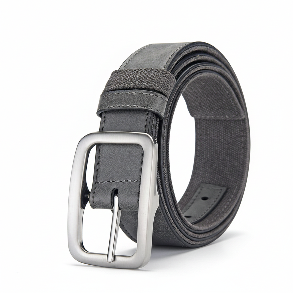 Ceinture PascalZen pour homme en cuir gris avec boucle argentée et détails en tissu.