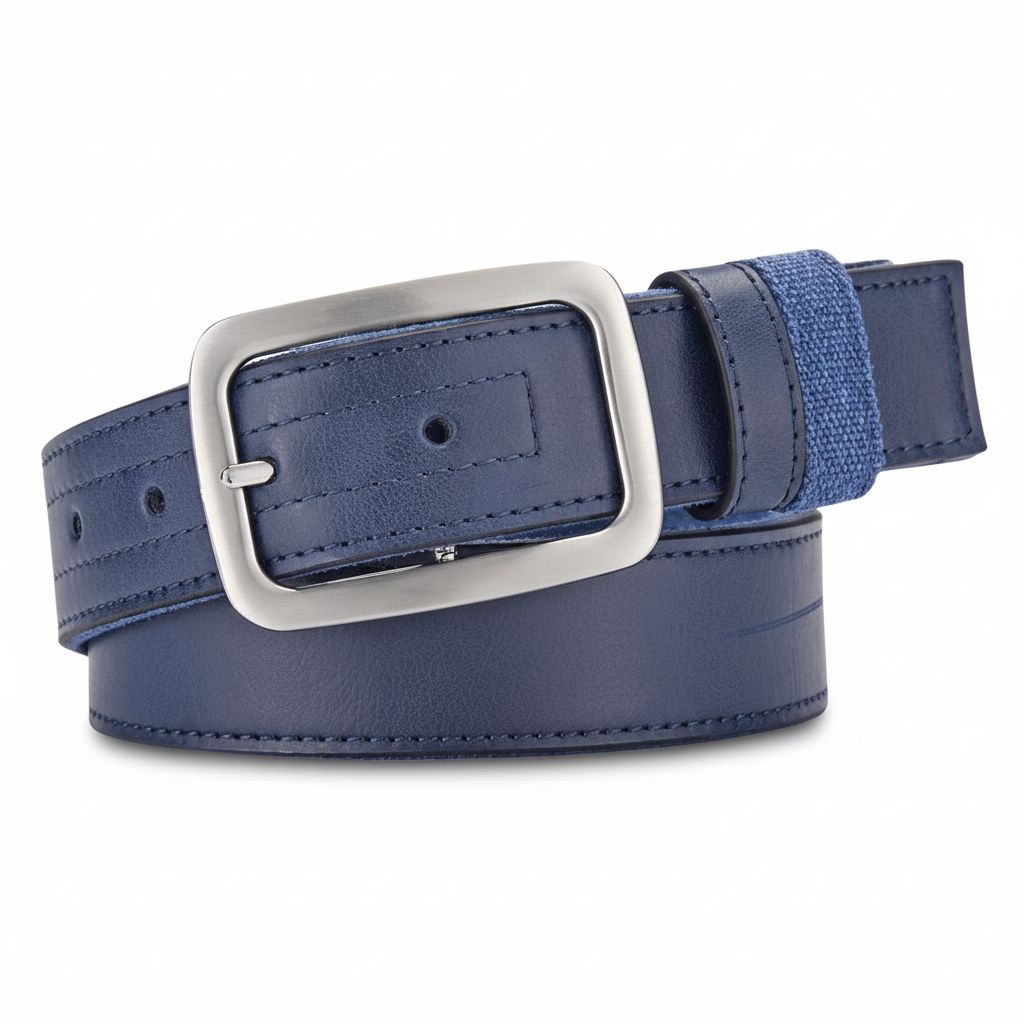 Ceinture PascalZen pour homme en cuir bleu avec boucle argentée et passant en tissu.