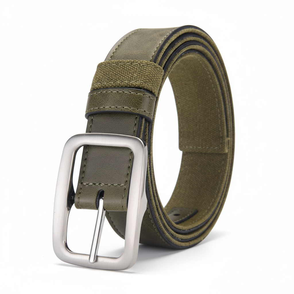 Ceinture PascalZen homme en cuir et tissu vert avec boucle argentée rectangulaire.