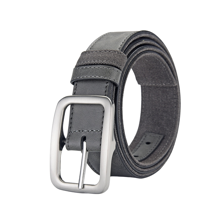 Ceinture PascalZen grise pour homme, en cuir et tissu, avec une boucle rectangulaire argentée.