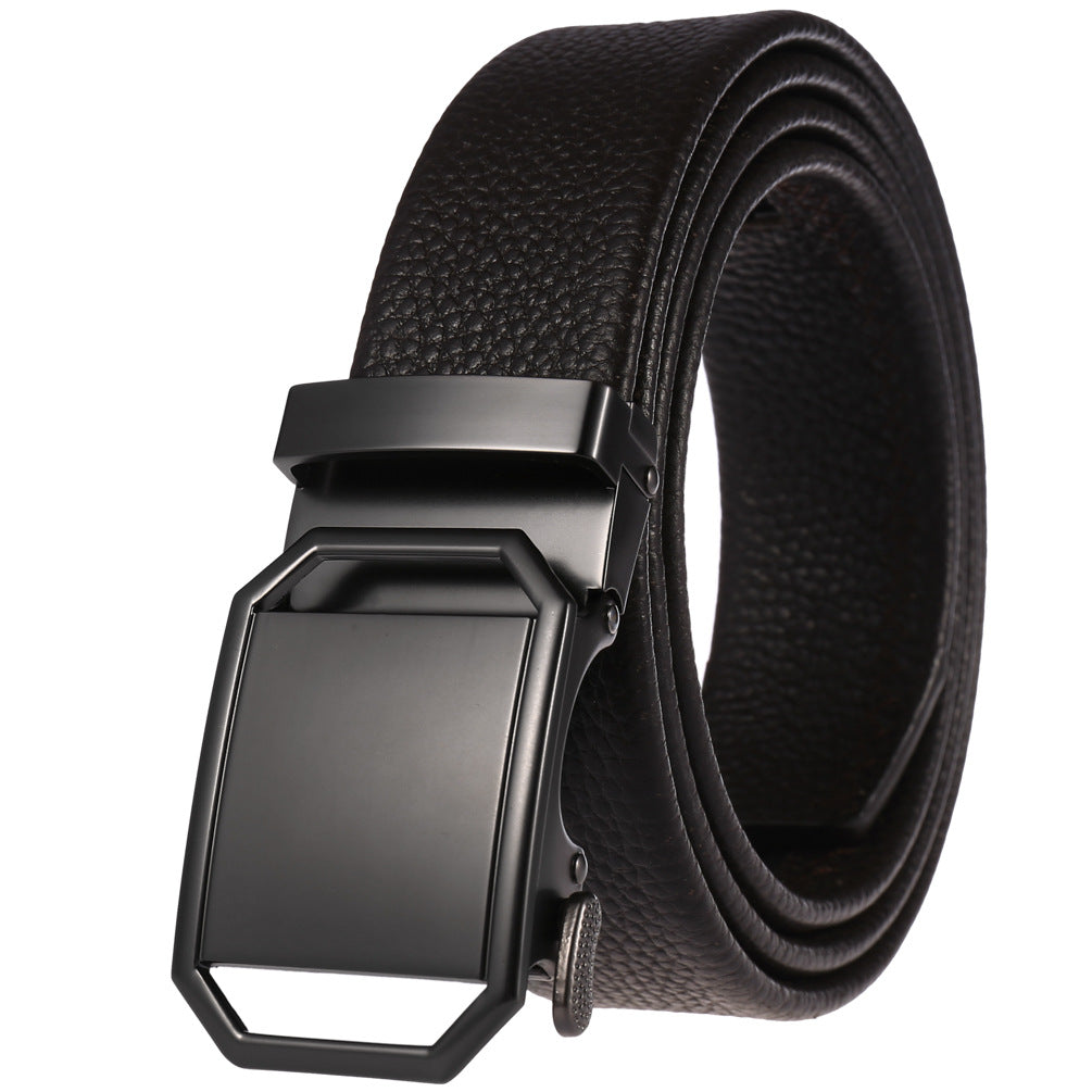 Ceinture Paul pour homme en cuir noir avec boucle rectangulaire automatique en métal mat argenté