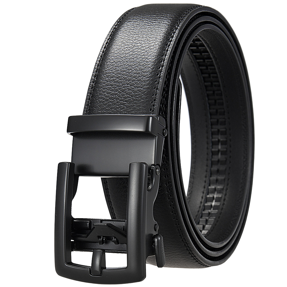 Ceinture Paul Or2 homme en cuir refendu noir avec boucle rectangulaire métallique noire à système automatique