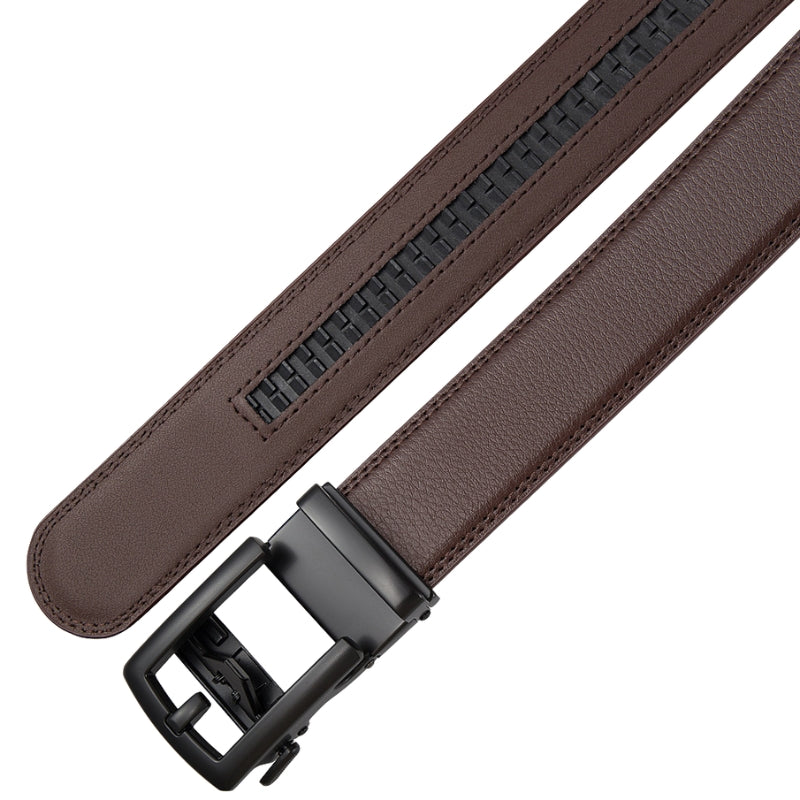 Ceinture homme Paul Or2 en cuir refendu marron avec boucle rectangulaire métallique noire à mécanisme automatique.