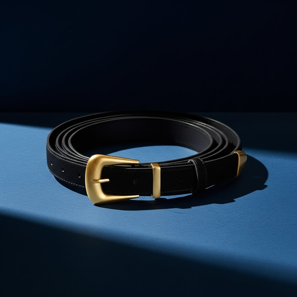 Ceinture femme Pauline 1 en cuir suédé noir avec boucle ardillon dorée style vintage et finition mate #fullwidth