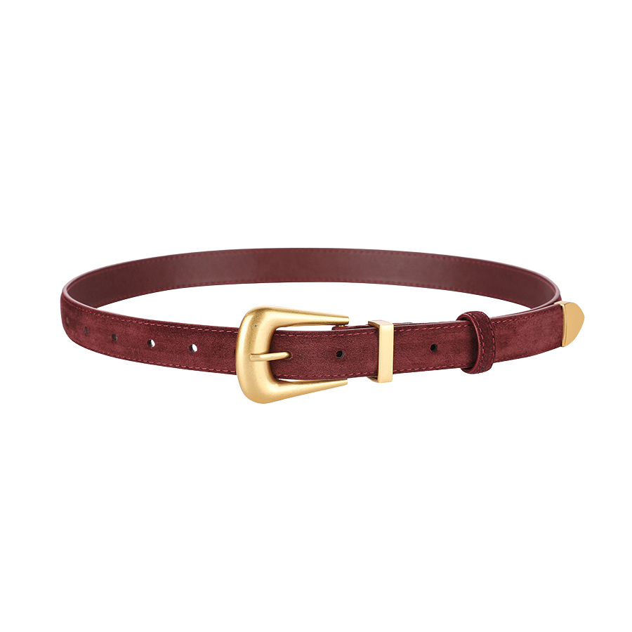 Ceinture femme Pauline 1 en cuir suédé bordeaux avec boucle ardillon dorée de style vintage