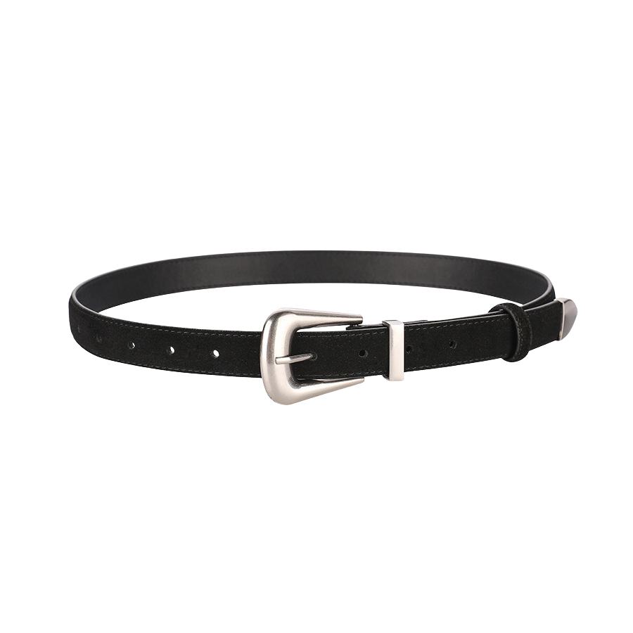Ceinture femme Pauline 2 en cuir suédé noir avec boucle ardillon argentée style rétro.