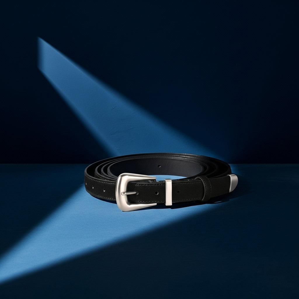 Ceinture Pauline 2 pour femme en cuir suédé mat noir, avec boucle ardillon argentée et finitions rétro. #fullwidth