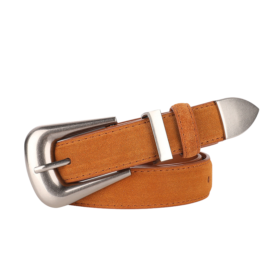 Ceinture femme Pauline 2 en cuir suédé mat camel avec boucle ardillon argentée et bout pointu argenté, style vintage.