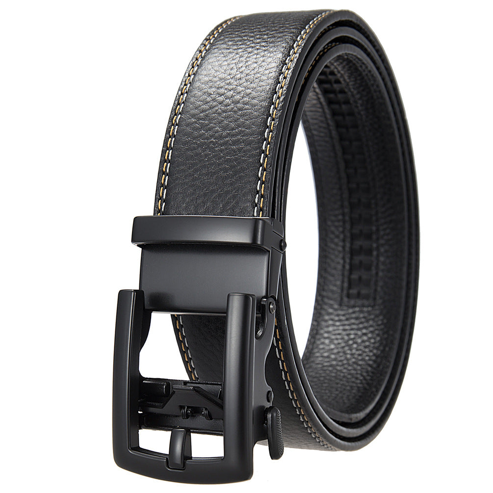 Ceinture PaulOr pour homme en cuir de vachette noir avec boucle ardillon rectangulaire finition gunmetal et coutures contrastées.