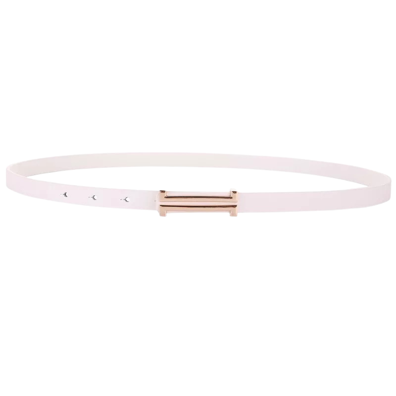 Ceinture fine blanche pour femme, modèle Pensée, en cuir pleine fleur, avec une boucle rectangulaire dorée.