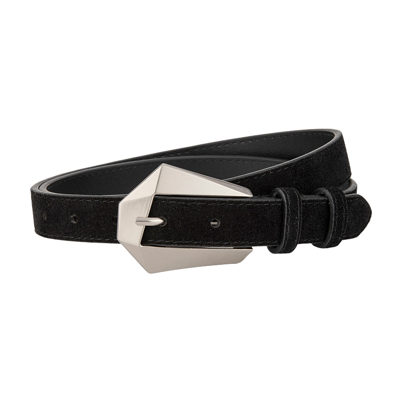 Ceinture Perrine noire en daim refendu avec boucle ardillon argentée géométrique asymétrique.