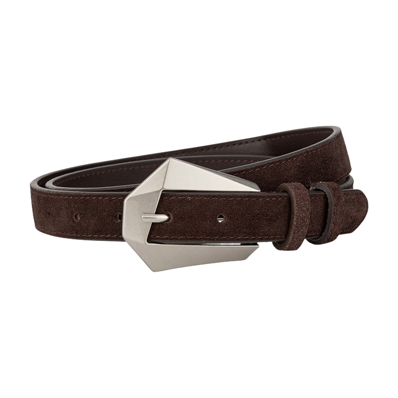 Ceinture Perrine marron en daim avec boucle ardillon argentée géométrique asymétrique.