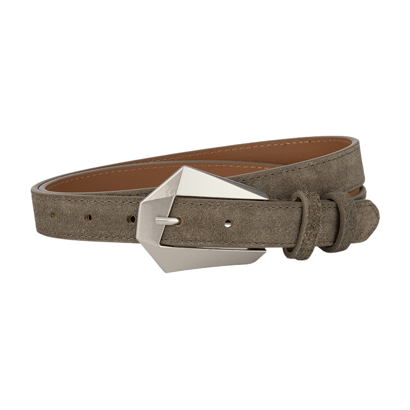 Ceinture Perrine en daim refendu gris avec boucle ardillon argentée asymétrique géométrique.