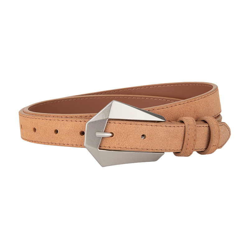Ceinture Perrine en daim refendu orange avec une boucle ardillon asymétrique argentée géométrique.
