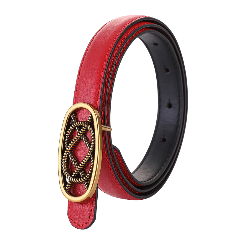 Ceinture fine rouge en cuir nubuck Philomène pour femme, avec boucle ovale dorée vieilli tressée et finition soignée.