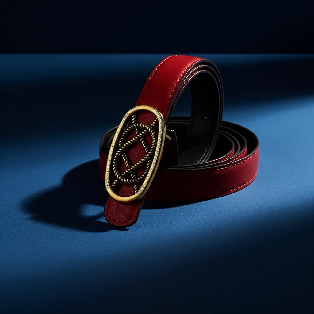 Ceinture fine rouge pour femme Philomène en cuir nubuck avec boucle ovale dorée vieilli tressée et cloutée. #fullwidth