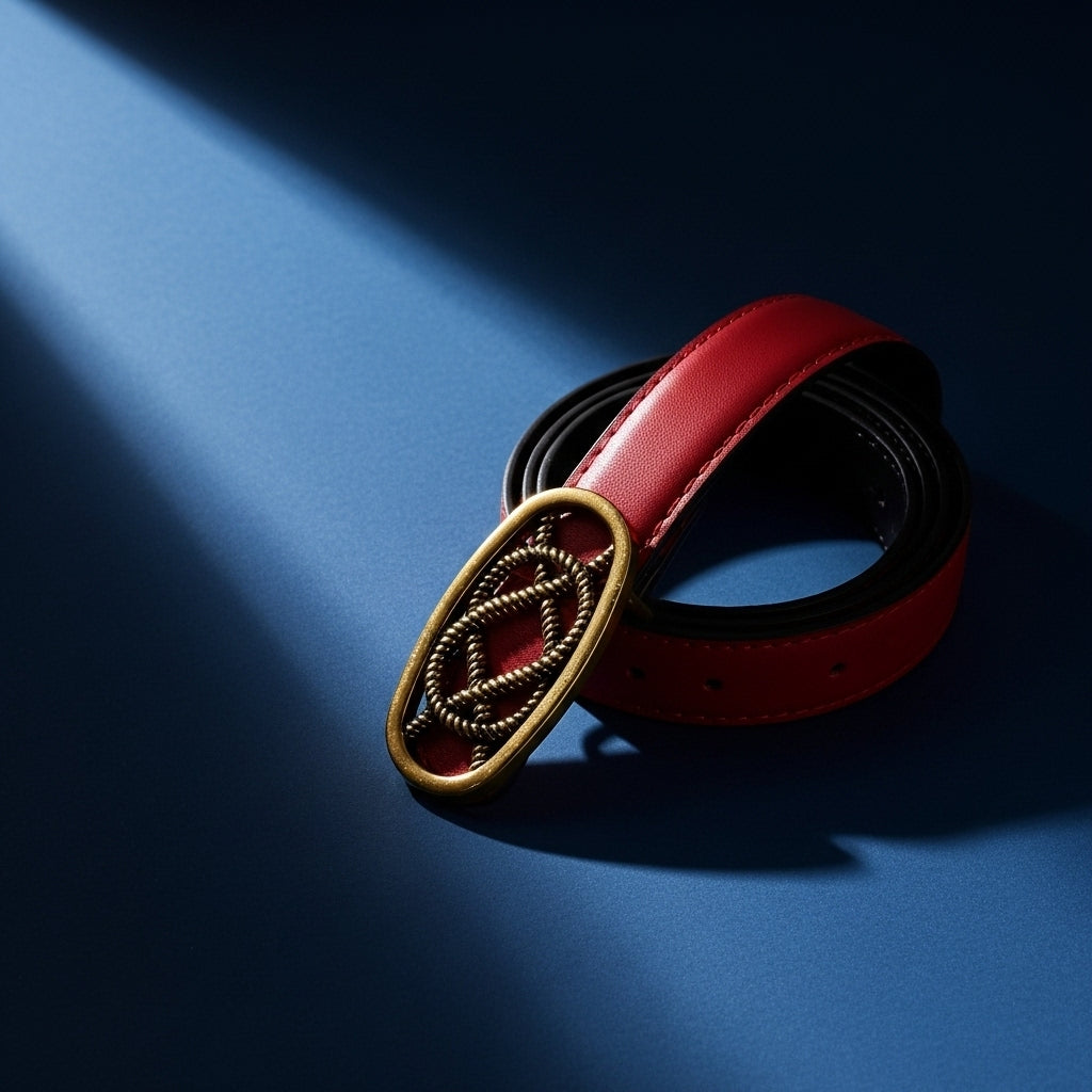 Ceinture fine rouge en cuir nubuck pour femme, modèle Philomène, avec une boucle ovale dorée vieilli tressée et un fond bleu #fullwidth