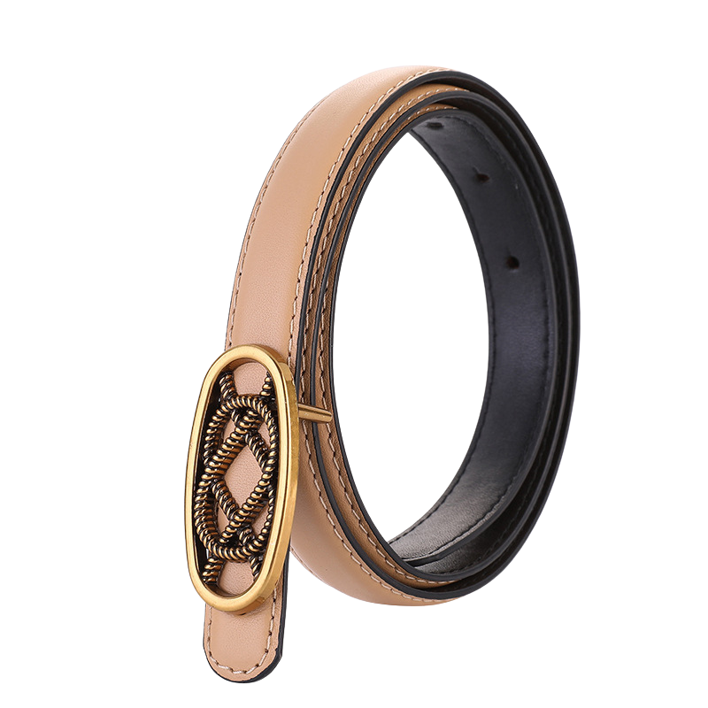 Ceinture fine beige en cuir nubuck pour femme, modèle Philomène, avec boucle ovale dorée vieilli au design tressé.