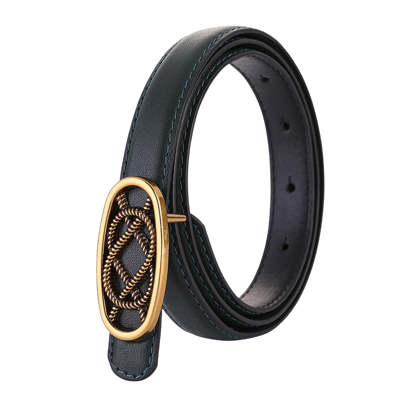 Ceinture fine verte en cuir nubuck pour femme, modèle Philomène, avec une boucle ovale dorée vieilli au design tressé