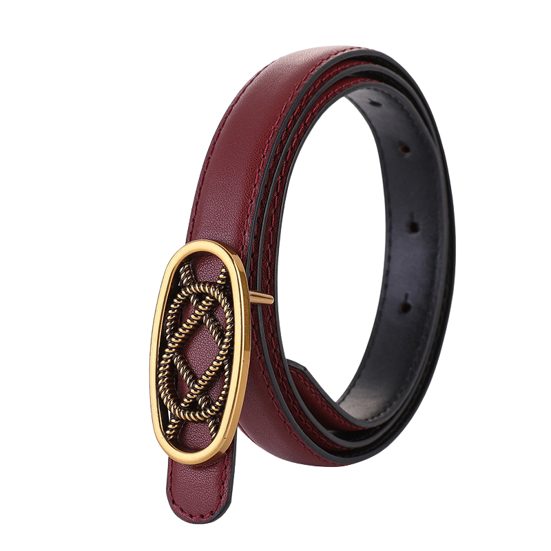 Ceinture fine en cuir nubuck bordeaux pour femme, modèle Philomène, avec boucle ovale dorée vieilli au design tressé.